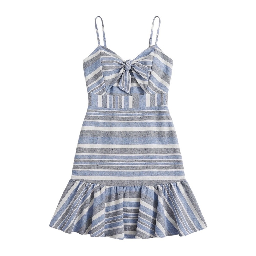 Hyfve Womens S Blue White Stripe Tie Front Mini Dress Linen Cotton Ruffle Hem